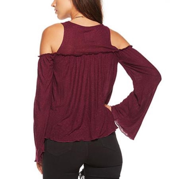 CHASER Cold Shoulder Bell Sleeve Sangria Top L - Picture 2 of 7